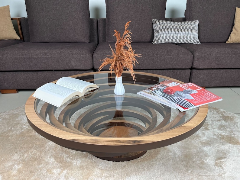 Custom Oval Wood Coffee Table with Glass Top – Large Modern Walnut Ellipse Design for Living Room | AmazPromo