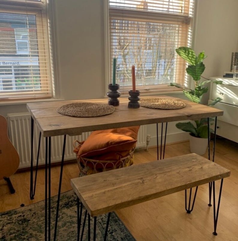 "Reclaimed Wood Dining Table & Bench with Industrial Steel Hairpin Legs – Customizable Vintage | AmazPromo