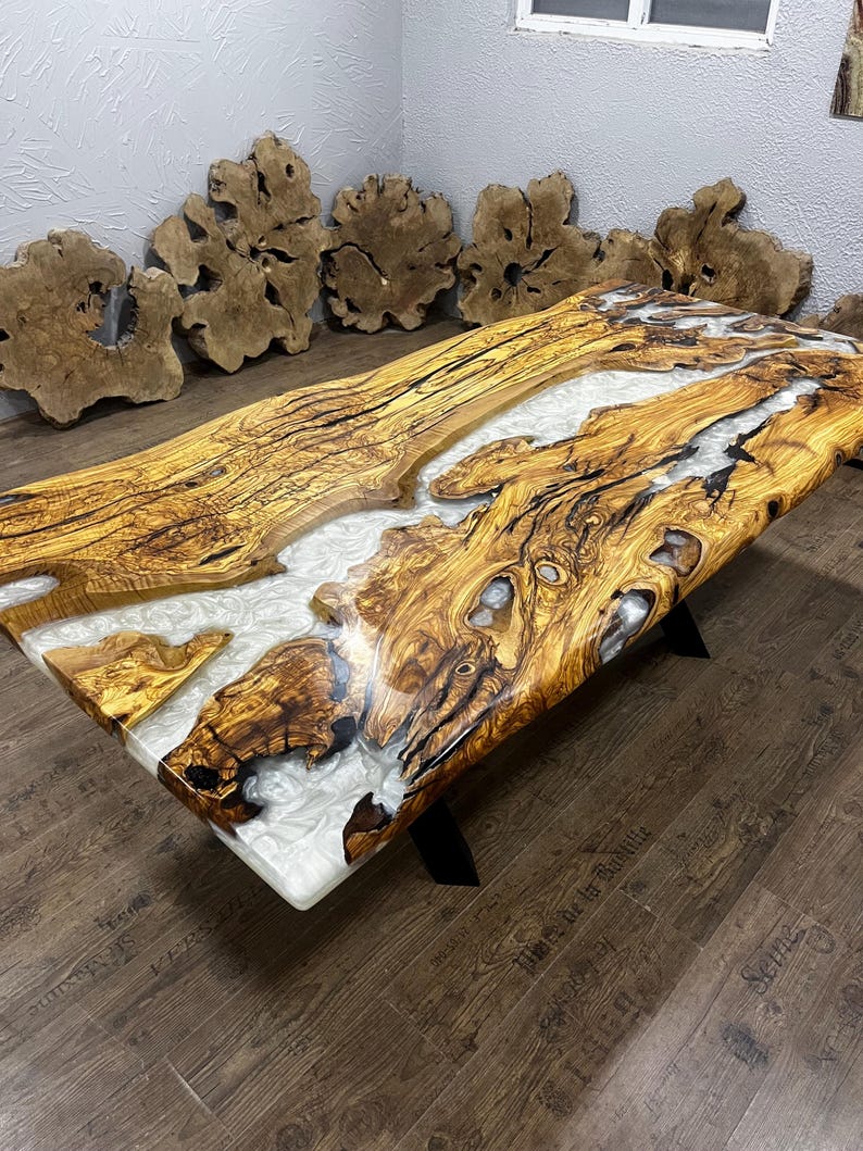 Luxury Custom Epoxy Resin Olive Wood Table – 250-Year-Old Live Edge Dining Table – | AmazPromo