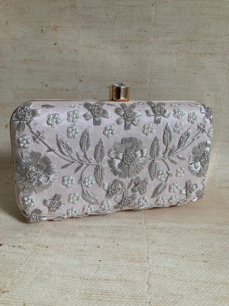Luxury Pale Pink Silk Clutch Bag – Handcrafted Indian Evening Purse with Embroidered Floral Zardozi | AmazPromo