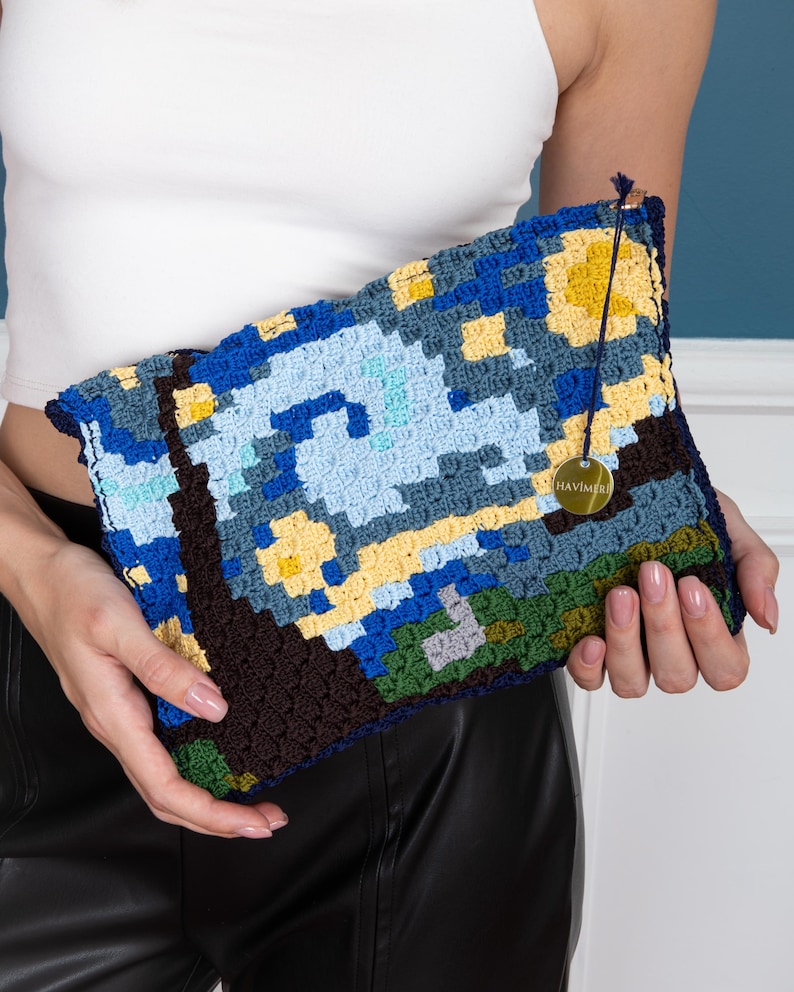 Van Gogh Starry Night Crochet Clutch – Handmade C2C Art Purse, Boho Aesthetic Bag, Lined | AmazPromo