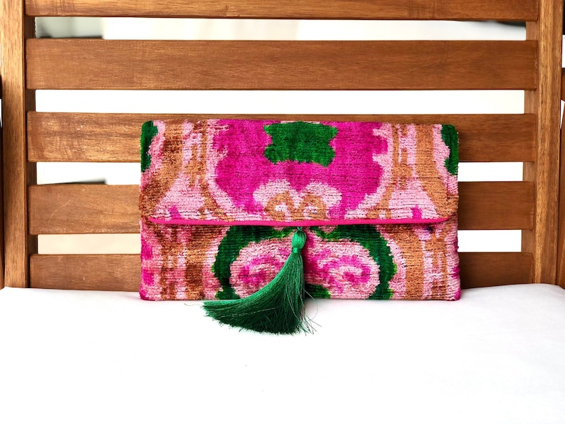 Luxury Silk Ikat Clutch Bag – Handmade Velvet Boho Purse | Elegant Pink Wedding Clutch | Handwoven | AmazPromo