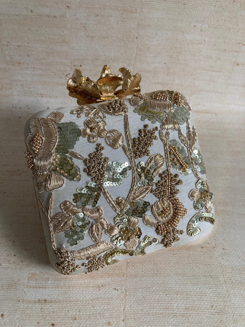 Luxury Gold Embroidered Silk Clutch Bag | Handcrafted Indian Evening Purse | Zardozi Embellished | AmazPromo