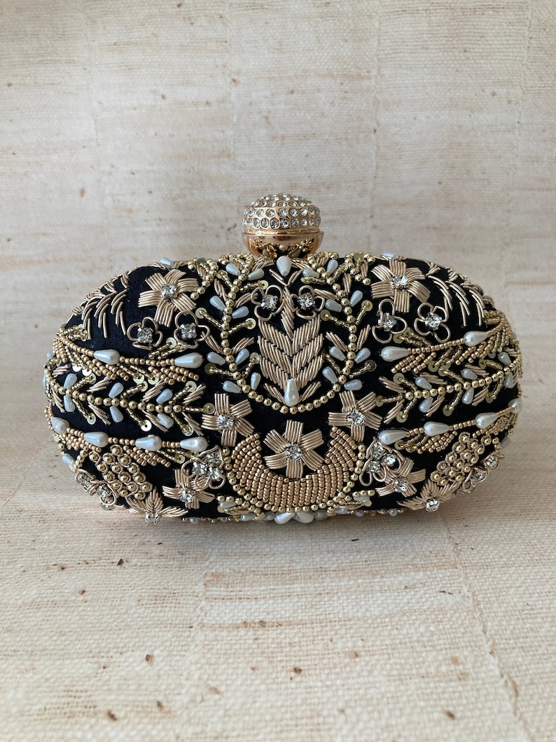 Luxury Black Gold Pearl Embellished Silk Clutch | Handcrafted Indian Evening Bag |Designer Statement | AmazPromo