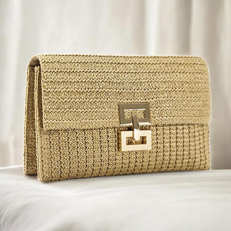 Luxury Gold Straw Clutch Bag | Elegant Woven Evening Purse | Chic Handbag with Geometric Clasp | AmazPromo