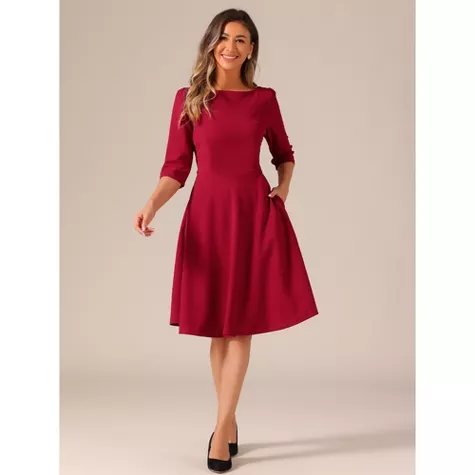 Elegant Women's Business Casual Midi Dress – Boat Neck, Fit & Flare Office Attire | AmazPromo