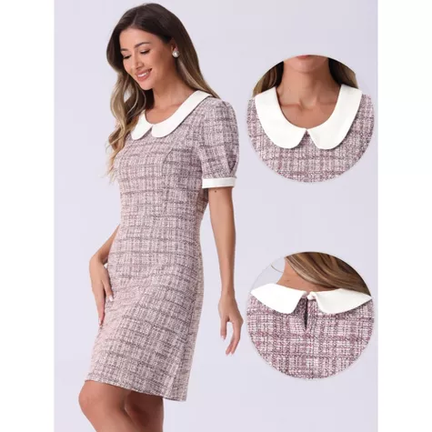 Allegra K Women’s Vintage Tweed Mini Dress - Peter Pan Collar, Puff Sleeves, A-Line Elegant Work & P | AmazPromo