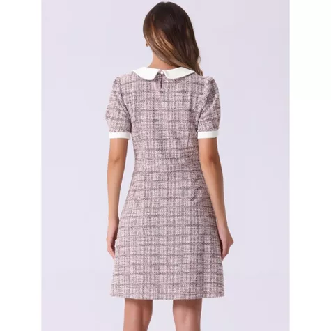 Allegra K Women’s Vintage Tweed Mini Dress - Peter Pan Collar, Puff Sleeves, A-Line Elegant Work & P | AmazPromo