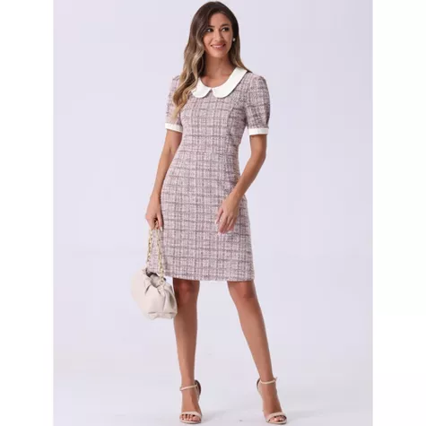 Allegra K Women’s Vintage Tweed Mini Dress - Peter Pan Collar, Puff Sleeves, A-Line Elegant Work & P extra image