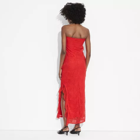 Wild Fable Women's Lace Ruffle Maxi Bodycon Dress - Elegant Strapless Bridal or Evening Gown | AmazPromo