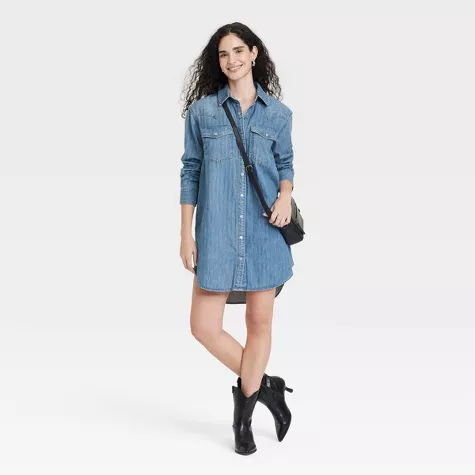 Women's Western Denim Shirtdress – Cotton Blend, Button-Down Midi Dress with Pockets | AmazPromo