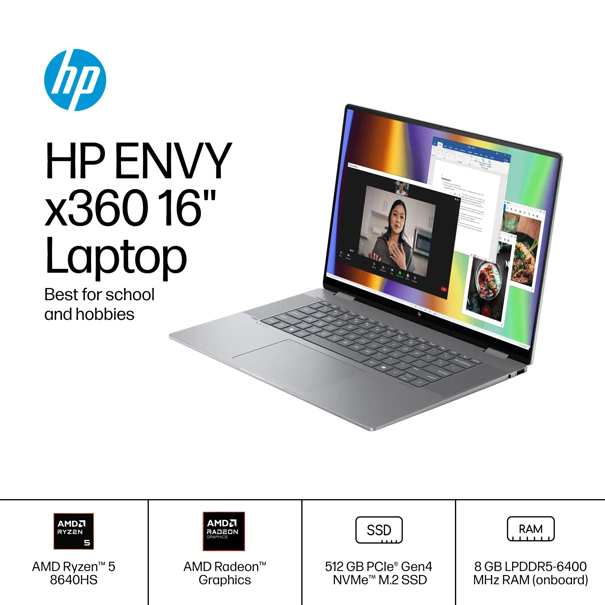 HP Envy 16" 2K Touchscreen 2-in-1 Laptop – AMD Ryzen 5, 8GB RAM, 512GB SSD, AI-Powered Performance | AmazPromo