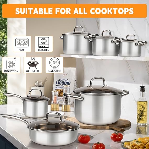 12-Piece Tri-Ply Stainless Steel Cookware Set – Durable Pots & Pans with Encapsulated Bottom, Compat | AmazPromo
