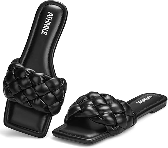 ATHMILE Women's Braided Slide Sandals – Square Open Toe, Dressy Summer Flats for Beach & Casual Wear | AmazPromo