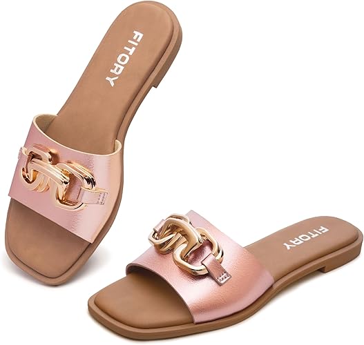 FITORY Women's Flat Sandals – Stylish Fashion Slides with Soft Leather for Summer | AmazPromo