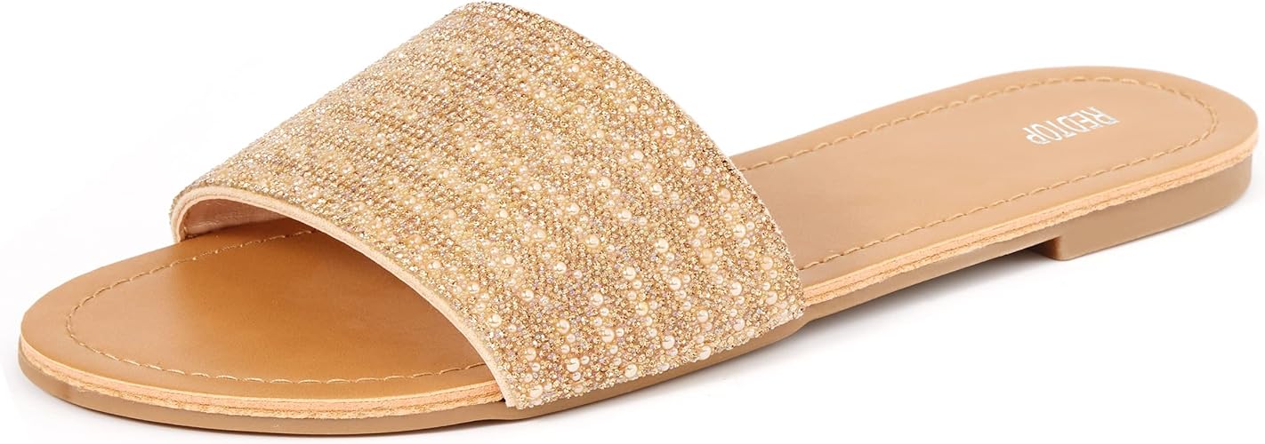 REDTOP Women's Rhinestone Sandals – Sparkle Bling Slide Flats for Casual & Dressy Looks | AmazPromo