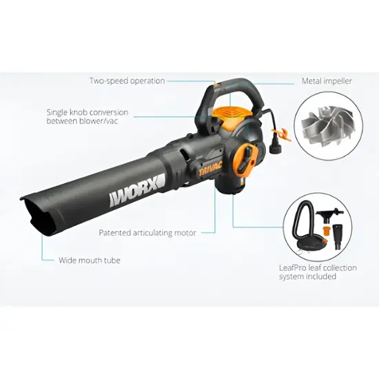 WORX TRIVAC 12-Amp 3-in-1 Electric Leaf Blower, Mulcher & Vacuum – 600 CFM Power, Metal Impeller, | AmazPromo