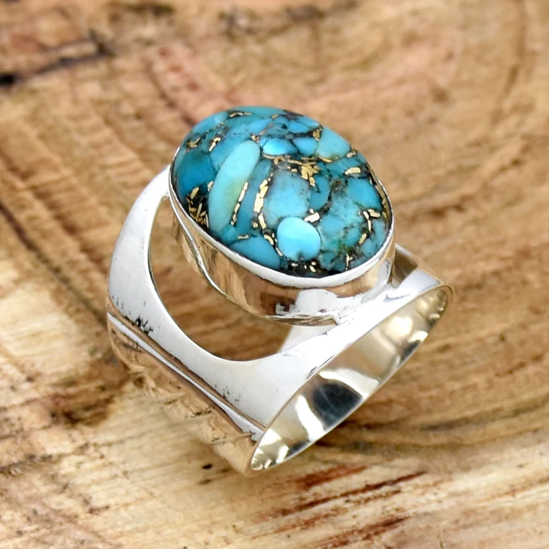 Turquoise Blue Copper Oval Ring – 925 Sterling Silver, Boho Chic Jewelry, Elegant Gift for Her | AmazPromo