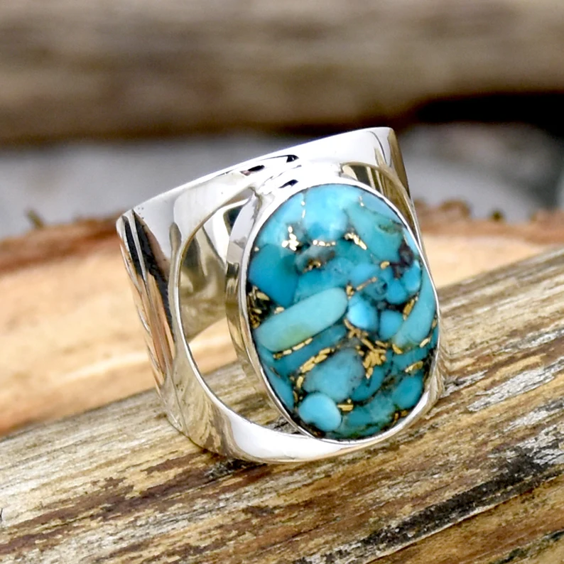 Turquoise Blue Copper Oval Ring – 925 Sterling Silver, Boho Chic Jewelry, Elegant Gift for Her extra image