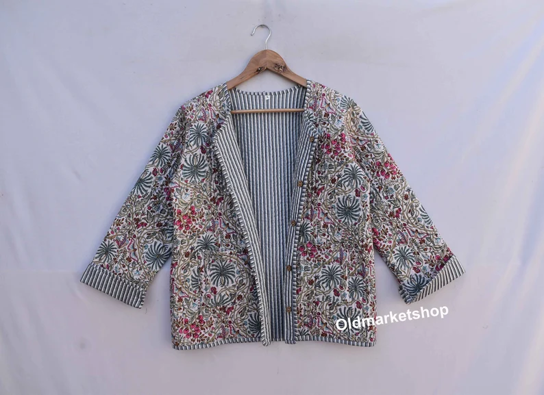 Boho Reversible Kantha Quilted Cotton Jacket – Floral Design, Winter & Summer Outerwear for Women & extra image