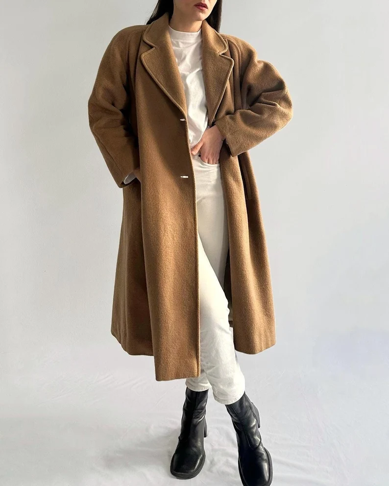 Vintage 1980s/90s Camel Wool & Mohair Coat – Oversized Trapeze Overcoat Made in Italy extra image