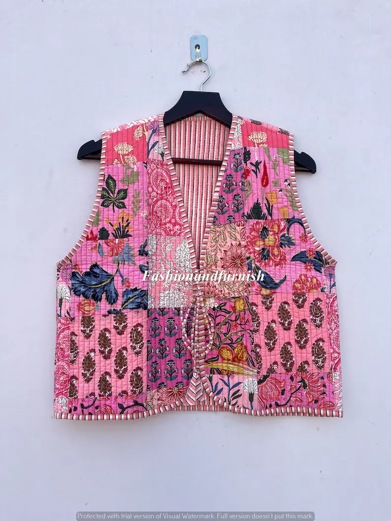 Handmade Cotton Quilted Jacket for Women – Vintage Boho Front Open Kimono, Double-Sided Wear with St | AmazPromo