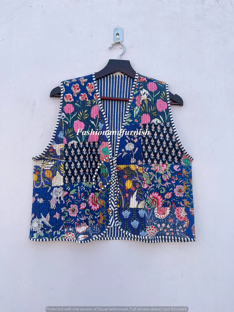 Handmade Cotton Quilted Jacket for Women – Vintage Boho Front Open Kimono, Double-Sided Wear with St | AmazPromo