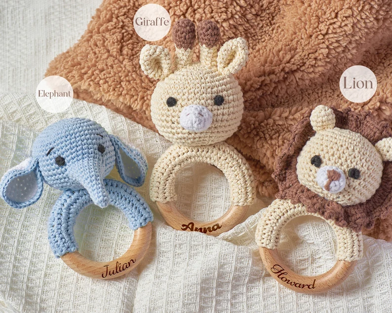 Handmade Crochet Baby Rattle – Personalized Baby Shower Gift, Wooden Newborn Rattle, Unique Birth Gi | AmazPromo