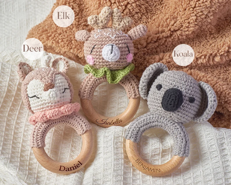 Handmade Crochet Baby Rattle – Personalized Baby Shower Gift, Wooden Newborn Rattle, Unique Birth Gi | AmazPromo