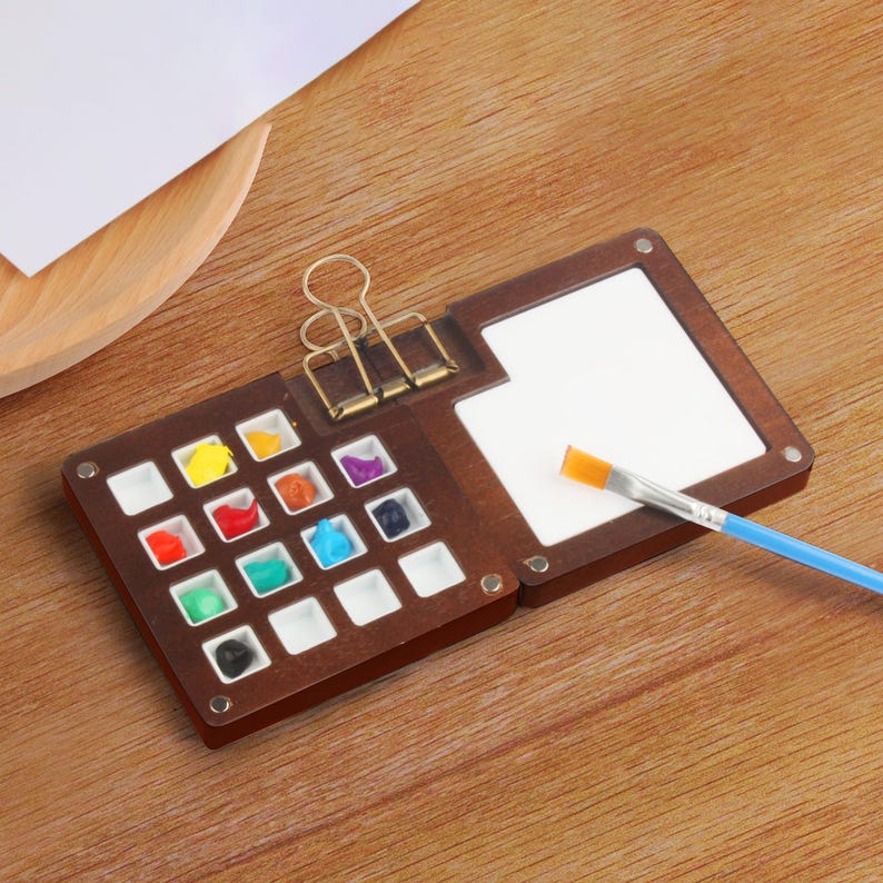 15-Color Walnut Watercolor Palette – Compact Folding Travel Paint Box | Magnetic Mini Palette | AmazPromo