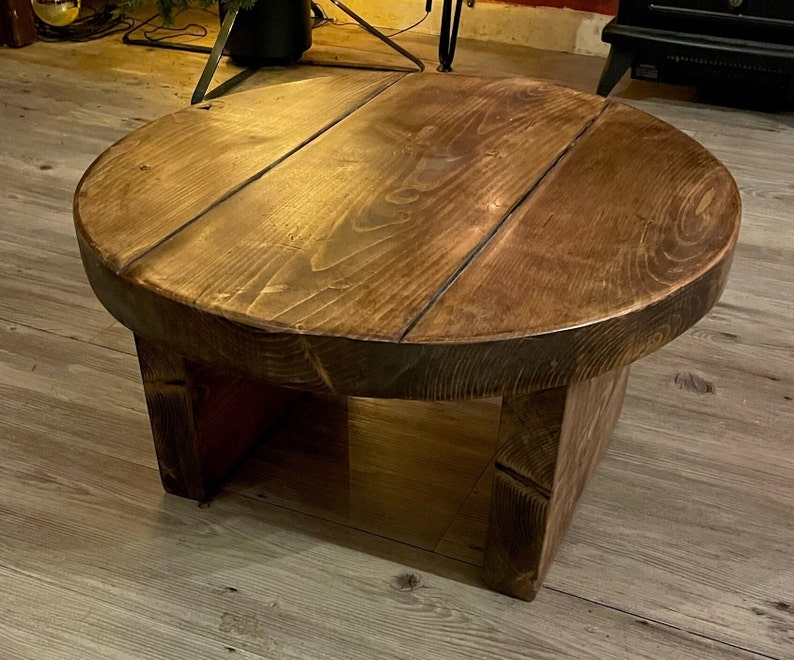 Rustic Round Wood Coffee Table – Handmade Solid Pine, Farmhouse Accent Table, Wooden Cafe Table | AmazPromo