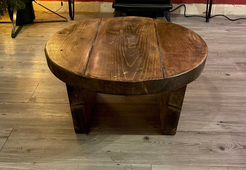 Rustic Round Wood Coffee Table – Handmade Solid Pine, Farmhouse Accent Table, Wooden Cafe Table extra image