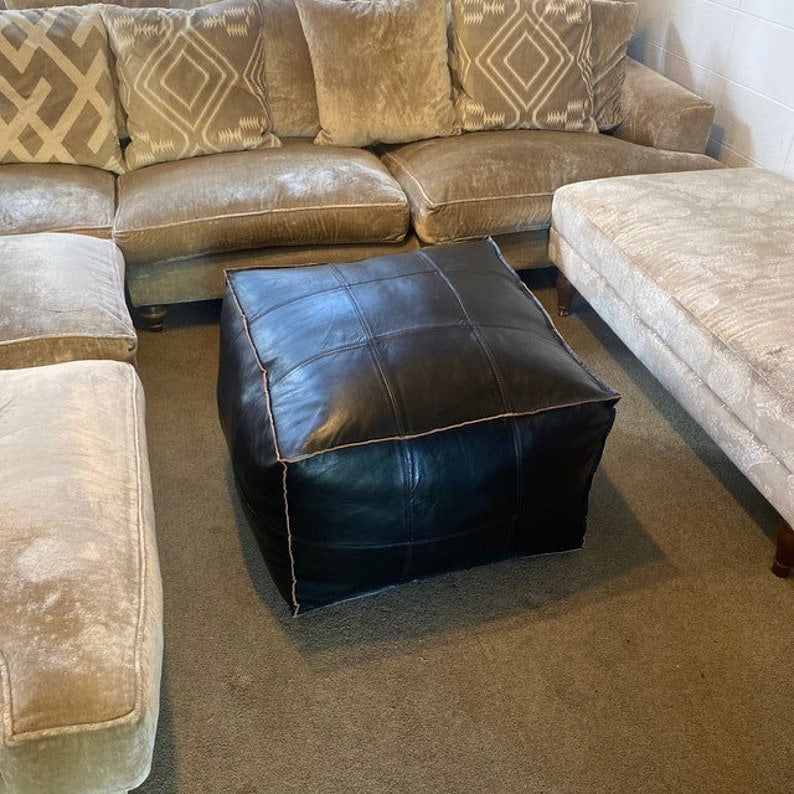 Handmade Moroccan Leather Square Pouf Ottoman – Unstuffed Tan Poufs, Artisan Leather Footstool | AmazPromo