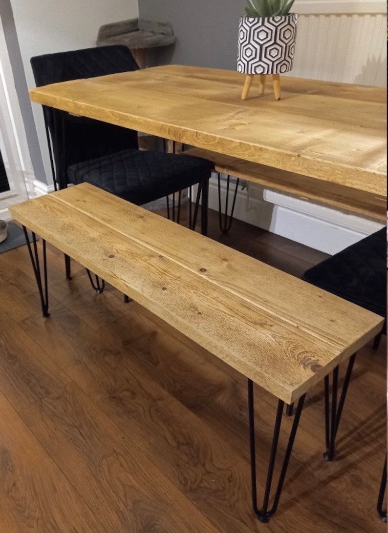 "Reclaimed Wood Dining Table & Bench with Industrial Steel Hairpin Legs – Customizable Vintage | AmazPromo