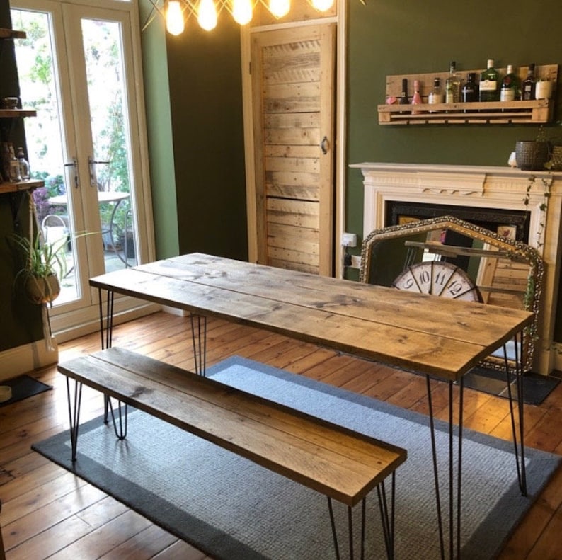 "Reclaimed Wood Dining Table & Bench with Industrial Steel Hairpin Legs – Customizable Vintage extra image
