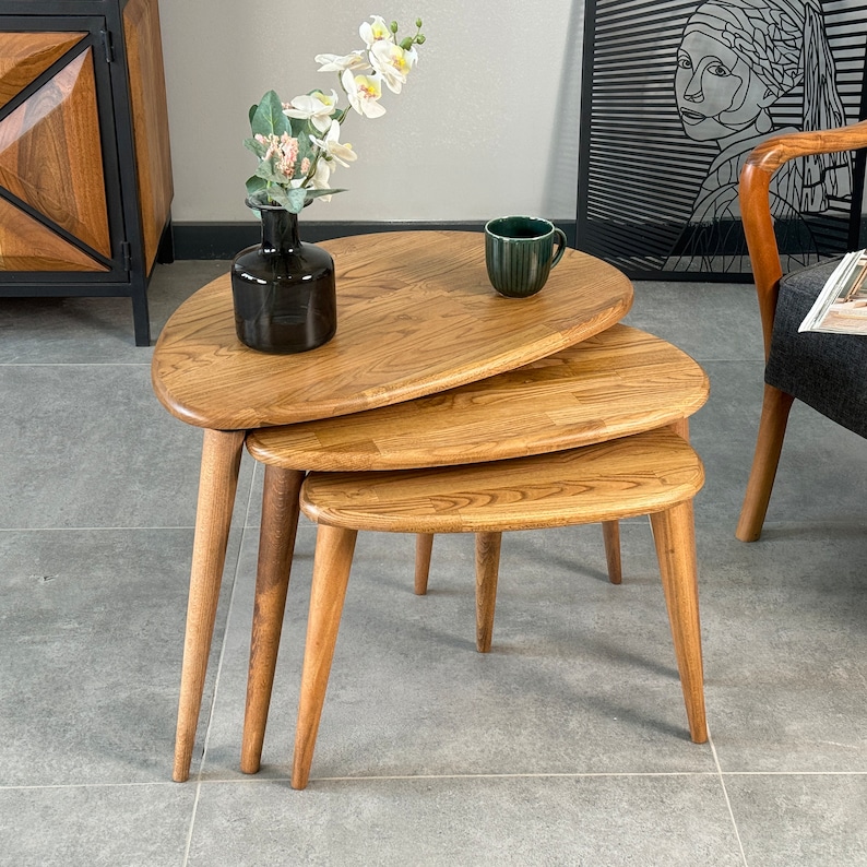 Elegant Chestnut Wood Nesting Coffee Table Set – Mid-Century Modern End Tables for Living Room, Side | AmazPromo