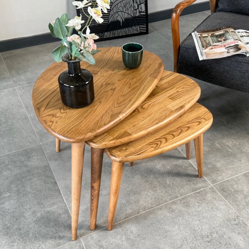 Elegant Chestnut Wood Nesting Coffee Table Set – Mid-Century Modern End Tables for Living Room, Side | AmazPromo
