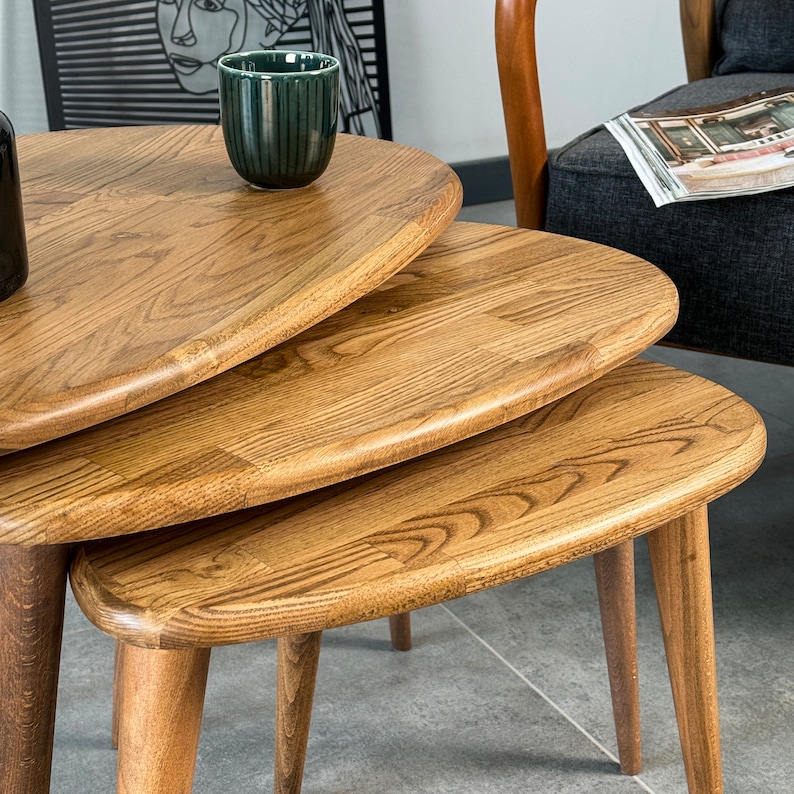 Elegant Chestnut Wood Nesting Coffee Table Set – Mid-Century Modern End Tables for Living Room, Side extra image