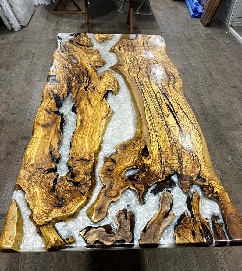 Luxury Custom Epoxy Resin Olive Wood Table – 250-Year-Old Live Edge Dining Table – | AmazPromo