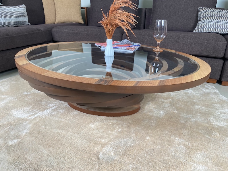 Luxury Walnut Coffee Table with Tempered Glass Top – Modern Oval Living Room Centerpiece | AmazPromo