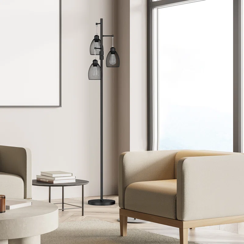 Industrial Floor Lamp with 3 Teardrop Cage Heads – Dimmable LED Standing Lamp for Living Room, Bedro | AmazPromo