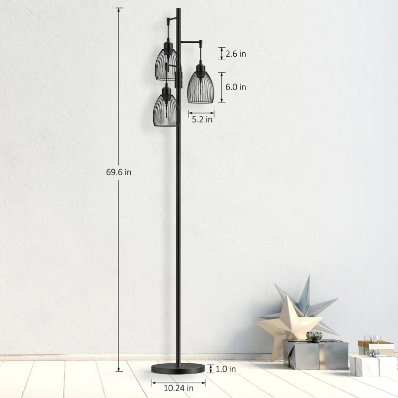 Industrial Floor Lamp with 3 Teardrop Cage Heads – Dimmable LED Standing Lamp for Living Room, Bedro | AmazPromo