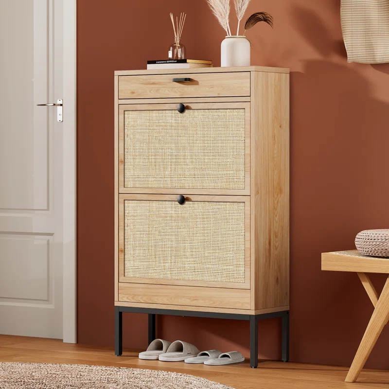 Boho Rattan Shoe Cabinet – Space-Saving Entryway Storage with Flip-Drawer & Shelves | AmazPromo