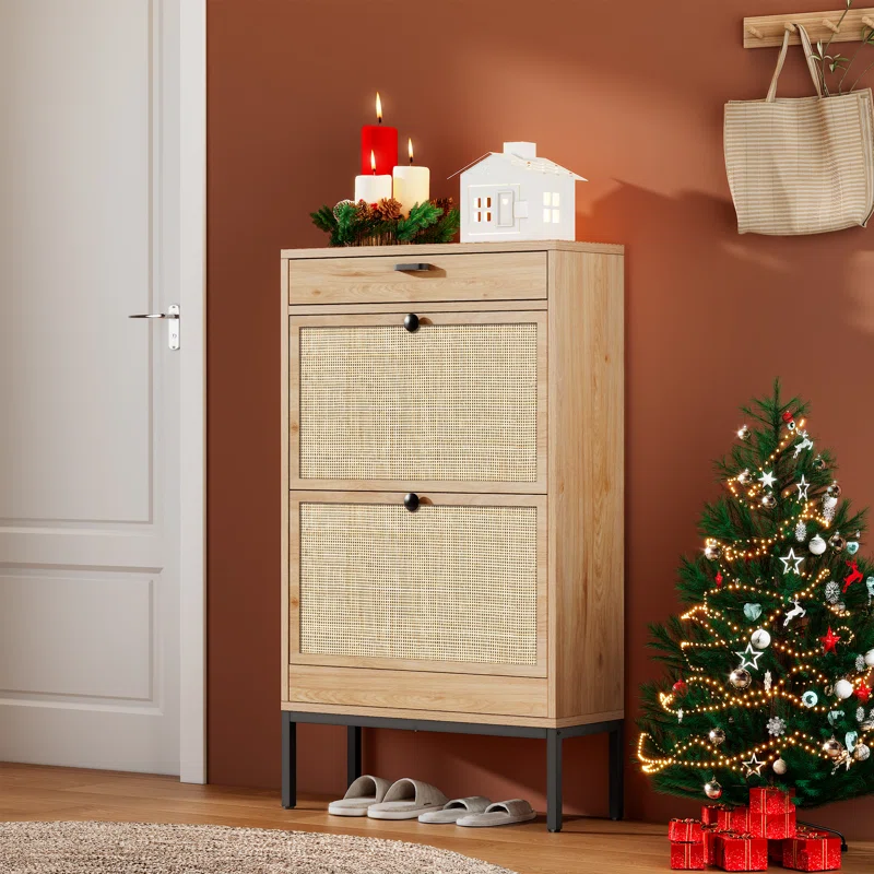 Boho Rattan Shoe Cabinet – Space-Saving Entryway Storage with Flip-Drawer & Shelves | AmazPromo