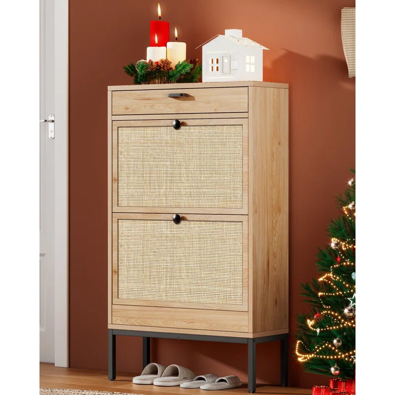 Boho Rattan Shoe Cabinet – Space-Saving Entryway Storage with Flip-Drawer & Shelves | AmazPromo