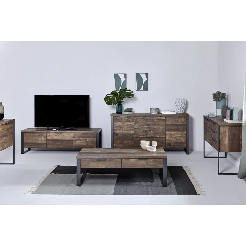 Draylen Modern Coffee Table – Oak-Look Wood Finish, Storage Drawers & Gun Metal Accents | AmazPromo