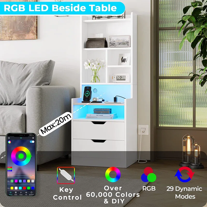 Tall Nightstand with LED Lights, Charging Station & Bookshelf – Modern Bedside Table with Storage Dr | AmazPromo