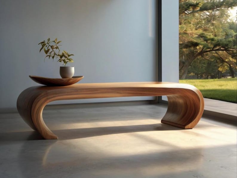 Minimalist Curved Wooden Bench – Handcrafted Oak Seating for Modern Homes & Entryways | AmazPromo