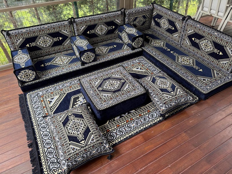 Luxury Kilim Floor Sofa Set – Handmade Boho Majlis Seating, U-Shaped Sectional Floor Cushion | AmazPromo