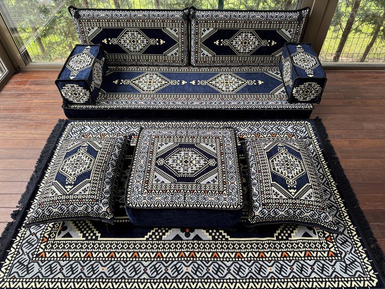 Luxury Kilim Floor Sofa Set – Handmade Boho Majlis Seating, U-Shaped Sectional Floor Cushion | AmazPromo